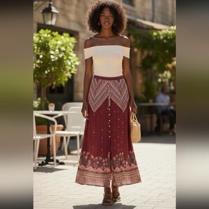 Patrons Of Peace Womens Boho Maxi Skirt M Rayon Floral Patterned Burgundy